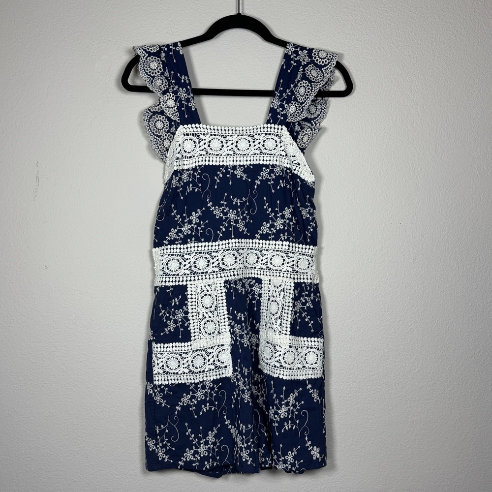 Nightcap Navy and White Embroidered Romper Size Small NWT